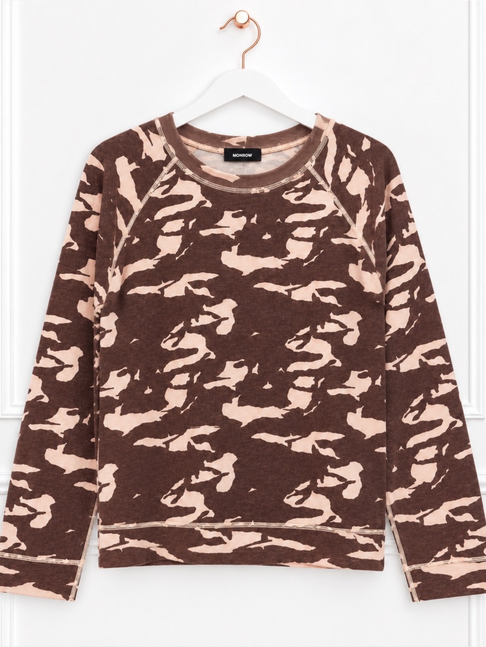 Monrow $128 Small Brown Camo Camouflage Print Boyfriend Lightweight Sweatshirt